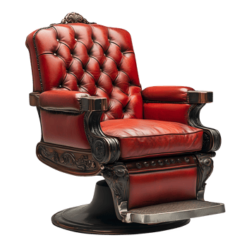 Elegant Red Leather Barber Chair with Intricate Wood Carvings Vintage Style Furniture png