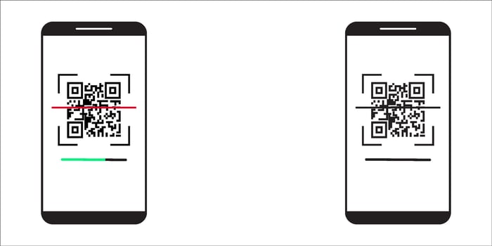 QR code scanning icon in smartphone. hand holding Mobile phone in line style, illustration on white background vector
