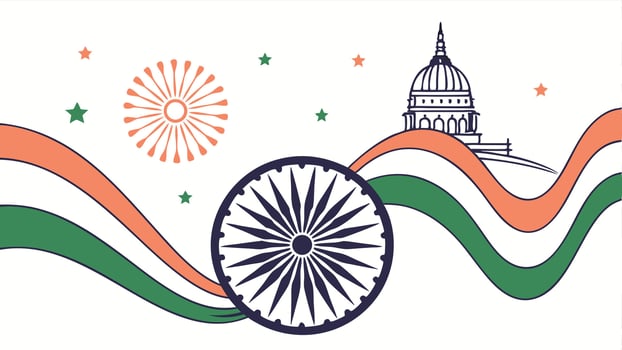 Indian independence day design with flag ashoka chakra and building illustration for posters 15 august vector