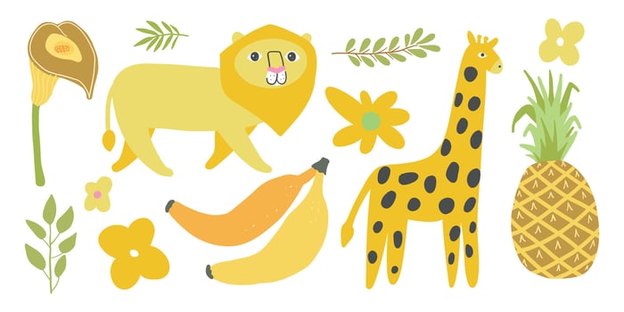 Cheerful jungle animals with fruits and tropical leaves, ideal for safari-themed children art, zoo crafts, nature decor, and playful wildlife designs vector