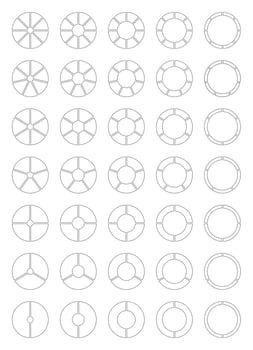 Circle division from 2 to 8 equal parts. Diagrams with segments. Coaching empty blank. Pie, pizza chart icon. Set of Infographics. Wheel round divided. Section graph black line art. Donut flat charts. vector