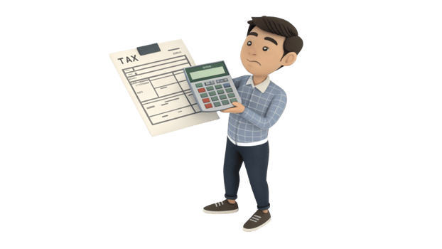 A cartoon man holding a calculator and a tax form png