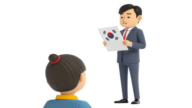 A man in a suit is holding a piece of paper with a korean flag on it png