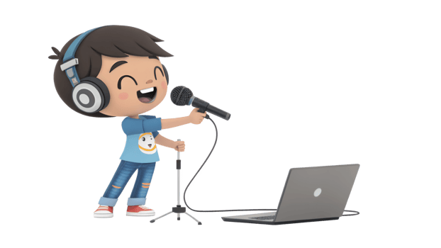 A cartoon boy singing into a microphone and holding a laptop png