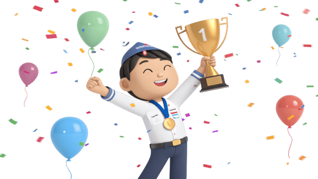 A cartoon boy holding a trophy and balloons png