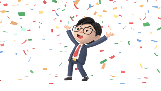 A cartoon man in a suit and tie is celebrating with confetti png