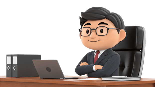 3d cartoon man in suit sitting at desk with laptop png
