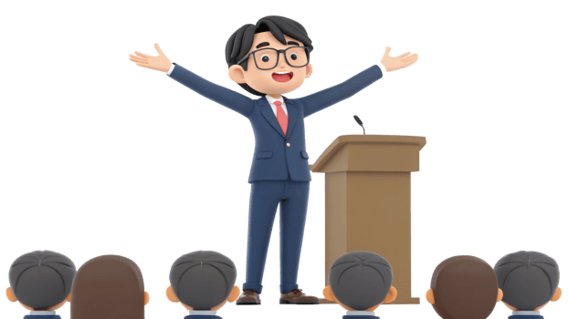 A cartoon man in a suit and tie standing at a podium png