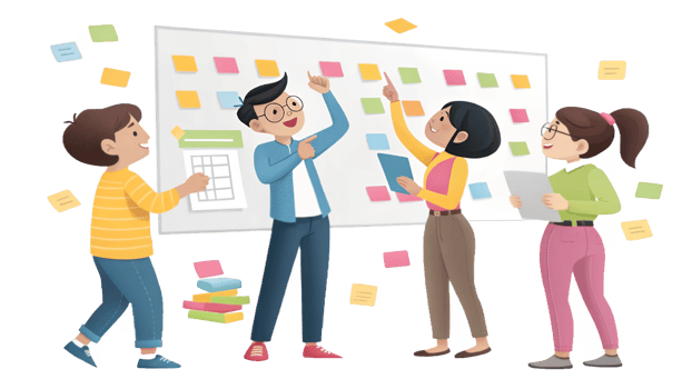 A group of people standing around a white board with sticky notes png