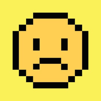 Retro 8-bit sad face icon on vibrant neon yellow pixel background vector