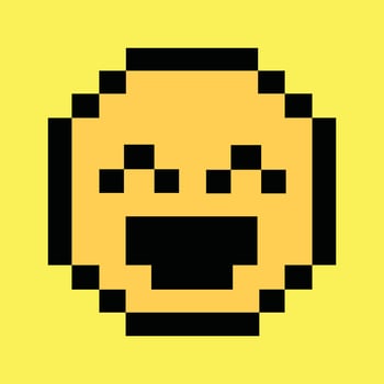 Retro 8-bit laughing face icon on vibrant neon yellow pixel background vector