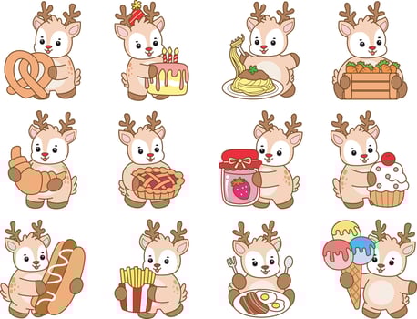 Baby deer in the variation of food. Baby dwarf deer bring a gift box in christmas. Cute Deer icon. Funny baby Deer animal series stock illustration. Life of fluffy Deer designs. vector