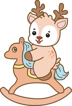 Baby deer playing a rocky horse. Cute Deer icon. Funny baby Deer animal series stock illustration. Life of fluffy Deer designs. vector