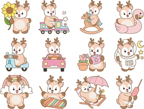 Baby deer with random activities. Cute Deer icon. Funny baby Deer animal series stock illustration. Life of fluffy Deer designs. vector