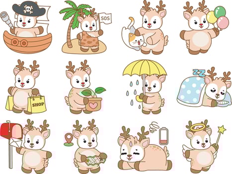 Baby deer with variation of daily life. Cute Deer icon. Funny baby Deer animal series stock illustration. Life of fluffy Deer designs. vector
