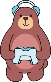 Baby bear playing a game with joystick. Illustration of cute bear icon. Funny bear in daily activities elements. vector