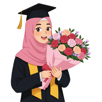 Cartoon illustration of a graduate woman in hijab holding a bouquet of flowers png