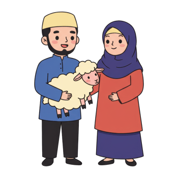 Festive eid al-adha illustration featuring muslim family and sacrificial lamb png