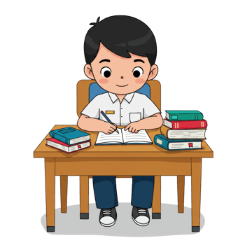 Engrossed schoolboy studying with books at desk illustration for education png