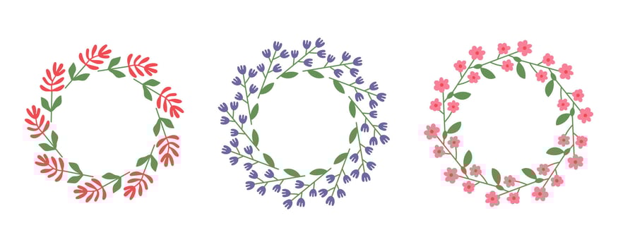 Set of three floral wreaths with hand-drawn flowers and leaves in summer colors. Perfect for invitations, branding, packaging, eco design, and seasonal decoration. vector