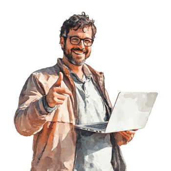 Smiling caucasian young adult male with laptop thumbs up gesture png