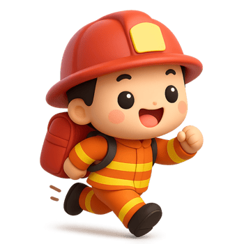 Kawaii cartoon 3D firefighter character in red uniform running with backpack, energetic and brave child hero ready for emergency rescue and action mission png