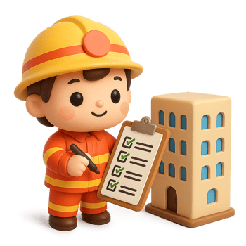 Kawaii cartoon 3D firefighter in yellow uniform inspecting building with checklist and pen, cute child character in safety inspection role smiling confidently png