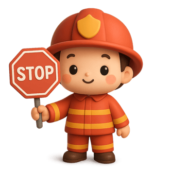 3D cartoon kawaii firefighter character holding a red stop sign, ideal for warning messages, fire safety alerts or emergency evacuation communication visuals png