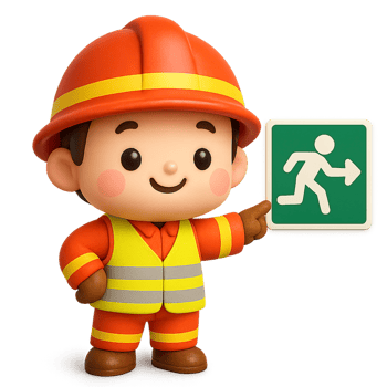 Kawaii cartoon firefighter in reflective vest pointing to emergency exit sign, 3D cute character for safety education and evacuation guidance visuals png