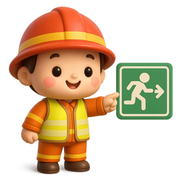 Kawaii cartoon firefighter in safety vest pointing at emergency exit sign, smiling 3D character in red helmet for rescue and evacuation education scenes png