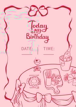 Minimalistic pink and red birthday invitation card template. Decorative bows and table setting. Festive dinner doodle background. Coquette Aesthetic style. outline illustration. vector