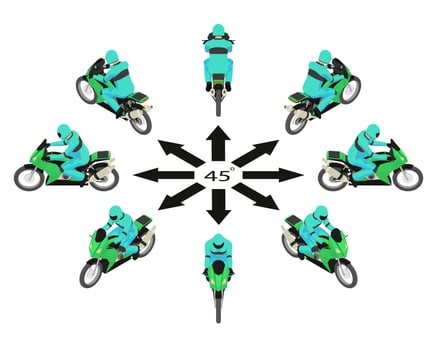Rotation green motorbike by 45 degrees. vector