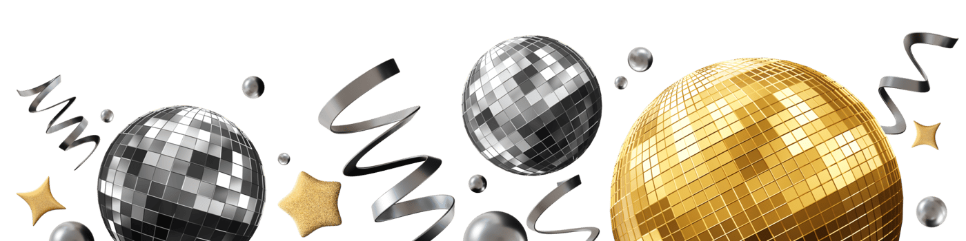 A vibrant footer features silver and golden disco balls alongside sparkling stars and metallic ribbons, creating a festive look perfect for celebrations and parties. Bottom element, border. 3D render. png