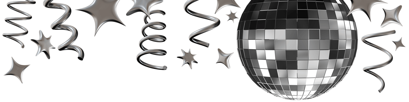 Bright chrome disco ball shines among floating stars and spirals, creating an energetic ambiance perfect for parties or special events. Header, wide top element, border. 3D rendering. Y2k style. png