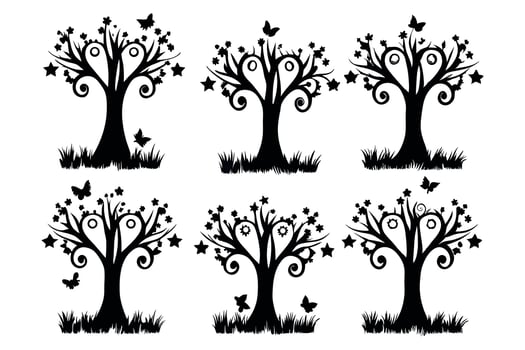 Tree Silhouettes Set Deciduous, Oak, vector
