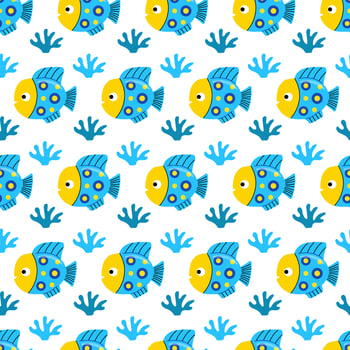 Blue tropical fish seamless pattern. Exotic fish with cute face vector
