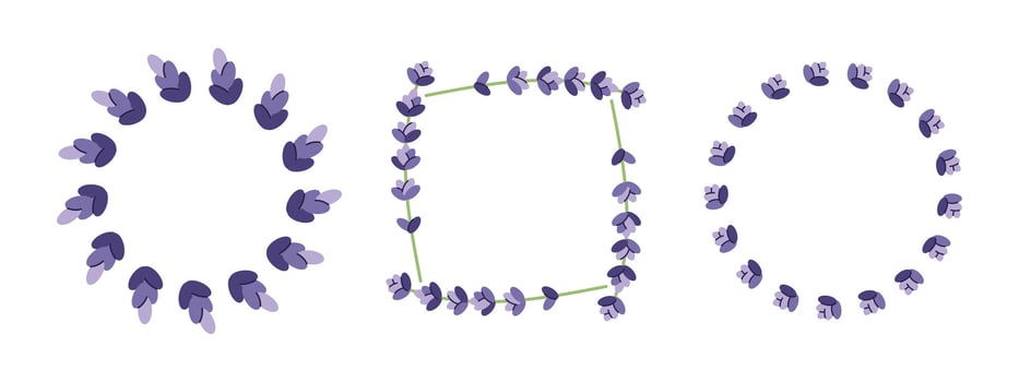 Delicate set of lavender wreaths, including round and square frames. Perfect for romantic, nature or spa themed designs, wedding invitations, cosmetic packaging and minimalist botanical decor vector