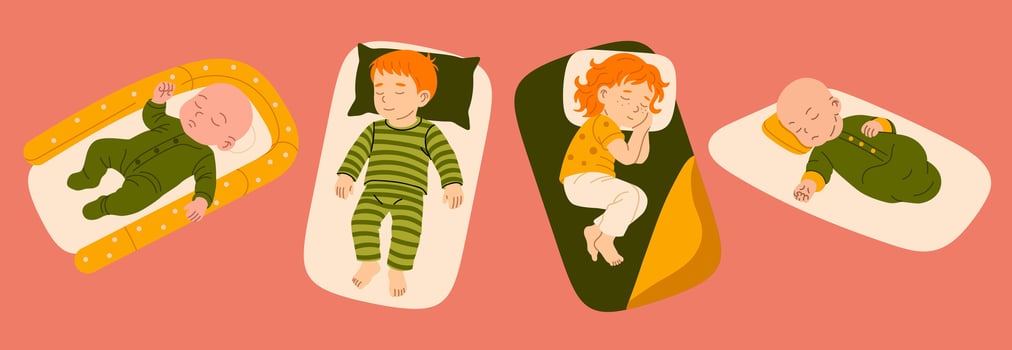 Set with babies and kids sleeping peacefully in beds, swaddles, and pajamas on soft pink background vector