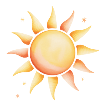A stylized sun with wavy rays radiates warmth and is surrounded by small stars cutouts png