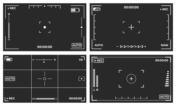 Set of four camera viewfinder screen interfaces showing recording status, battery level, focus points, and grid overlays vector