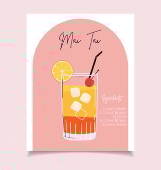 Summer drink poster cartoon flat. Mai Tai cocktail recipe wall art. Trendy print vector
