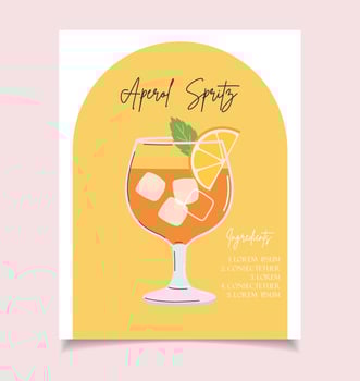 Summer drink poster cartoon flat. Aperol Spritz cocktail recipe wall art. Trendy print vector