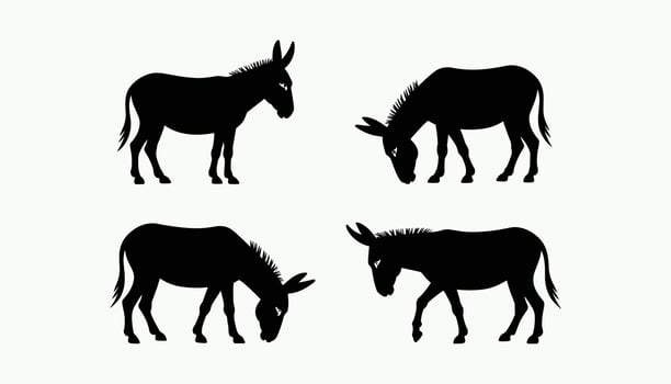 Black silhouettes of seven donkeys in different poses, including standing, grazing, and walking illustration vector