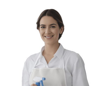 Professional photograph of smiling woman wearing white apron, holding spray bottle, conveying sense of cleanliness and professionalism png