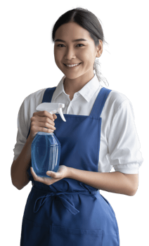 Smiling woman in blue apron holding spray bottle, ready for cleaning tasks png