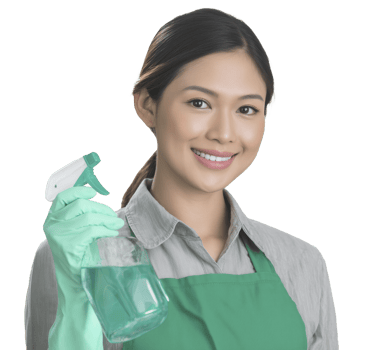 Smiling woman wearing green apron and gloves holds spray bottle, ready for cleaning png