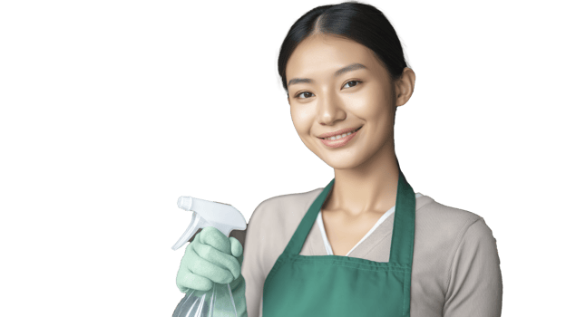 a Smiling woman wearing green apron and gloves holds spray bottle, ready for cleaning png