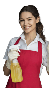 Woman in red apron smiling while holding spray bottle, wearing gloves, ready for cleaning png