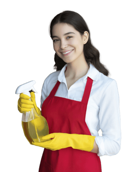 Woman in red apron and yellow gloves smiles while holding spray bottle, ready for cleaning png