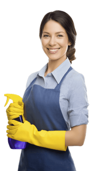 Smiling woman in blue apron and yellow gloves holds spray bottle, ready for cleaning png